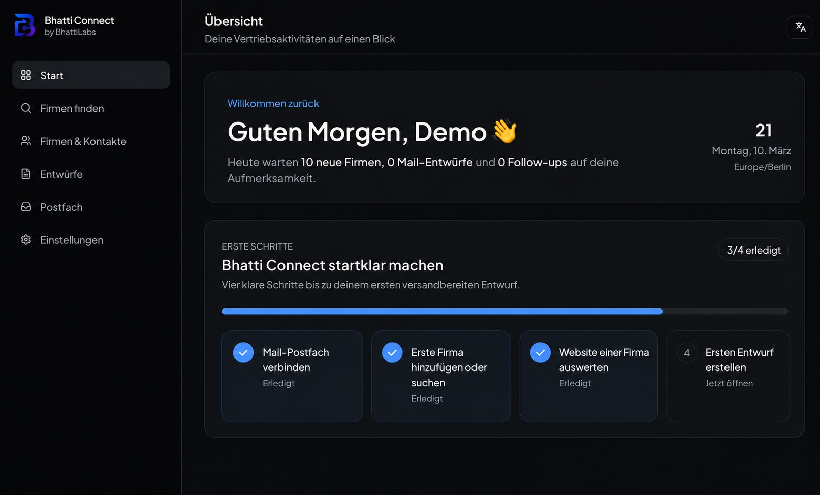 BhattiConnect product view with the Demo greeting, sales metrics and setup progress